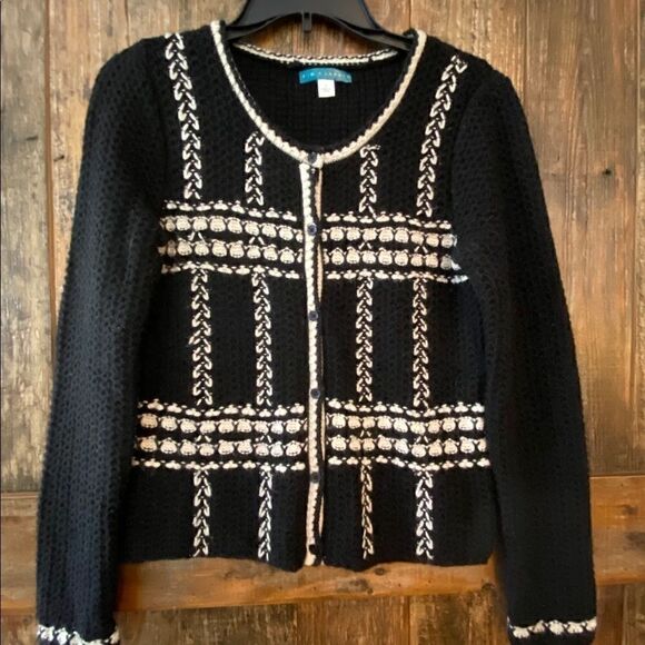 Pim + Larkin S Classic Black Cream Chunky Knit Long Sleeve Blazer Knit Jacket - Picture 2 of 6